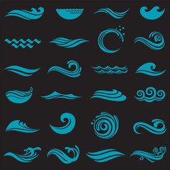 abstract collection of sea waves icons isolated on black background