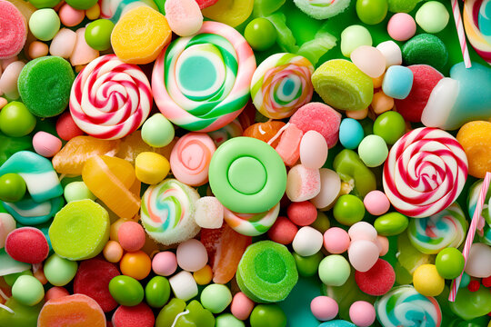Pile of variety of delicious candies, green candies, lollipops and sweets