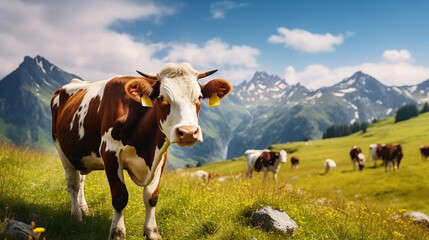 Fototapeta na wymiar Cows grazing in alpine meadows against a backdrop of mountains
