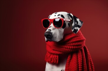 Dalmatian dog in red scarf and red glasses on dark background - obrazy, fototapety, plakaty