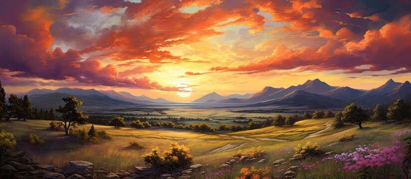 The breathtaking landscape painted a vivid picture as the sun set on the horizon casting its warm glow across the sky merging with the vibrant colors of the earth and creating a beautiful p