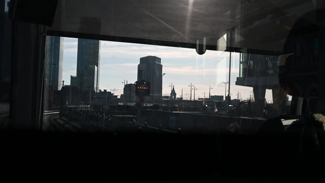 Black and white view of Manchester taken from inside tram at England UK