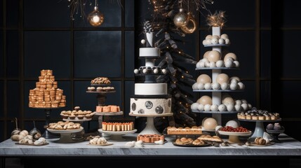 Fototapeta na wymiar a table topped with lots of cakes and pastries next to a tall christmas tree with lights hanging from it. generative ai