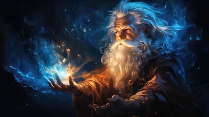 The magic of Santa Claus. An old man with a white beard casts a spell realistic illustration. The magic of Christmas. Fairy tale character magician casts a spell. Magic ritual. Generative ai - obrazy, fototapety, plakaty