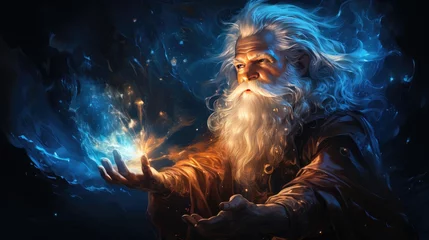 Fotobehang The magic of Santa Claus. An old man with a white beard casts a spell realistic illustration. The magic of Christmas. Fairy tale character magician casts a spell. Magic ritual. Generative ai © Наталия Горячих