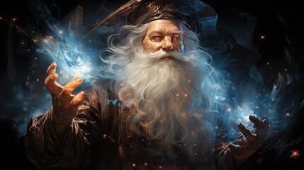 The magic of Santa Claus. An old man with a white beard casts a spell realistic illustration. The magic of Christmas. Fairy tale character magician casts a spell. Magic ritual. Generative ai - obrazy, fototapety, plakaty
