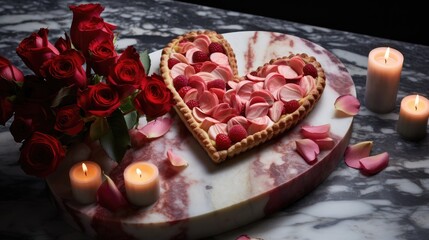  a heart shaped cake sitting on top of a table next to a bouquet of red roses and a lit candle.  generative ai