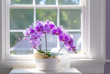 Purple orchids in a white pot on the windowsill