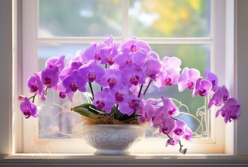 Bouquet of purple orchids on the windowsill.