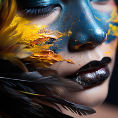 Chica con maquillaje azul, labios negros y plumas