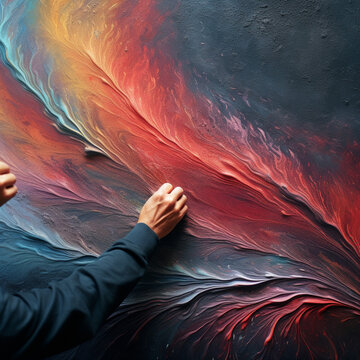 Hombre pintando con tiza una pared colorida