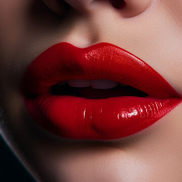 Macro labios de chica con pintalabios rojos