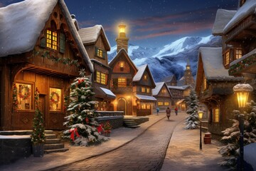 Christmas backdrop with snow-covered alpine village. Serene mountains valley.