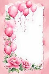 Watercolor page template, white and pink floral details and pink balloons. Baby shower invitation template. Hello baby girl illustration. Birth party background