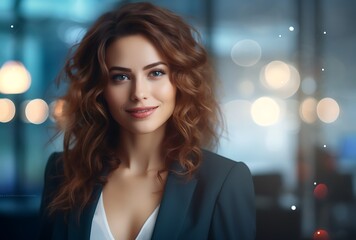 Obraz premium Beautiful young woman with long curly hair. Portrait of a beautiful girl in a business suit.