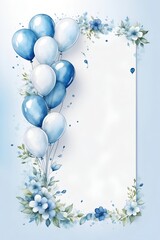 Watercolor page template, white and light blue floral details and blue balloons. Baby shower invitation template. Hello baby boy illustration. Birth party background