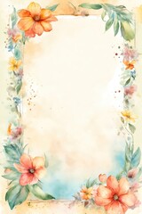 watercolor style Empty page template, spring flowers on the border of the page all around.