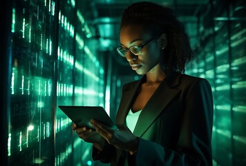 Young african american businesswoman using tablet in server room at night