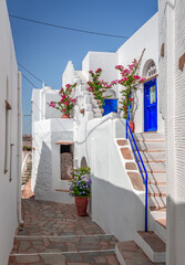 Narrow cobblestone alley, houses  with whitewashed walls and flowers in Volax, a picturesque village of Tinos Island, in Cyclades, Greece.