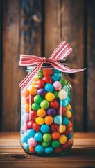 Gordijnen Assorted round candies in a decorative vase, celebrating national candy day with vibrant joy © Viktoria
