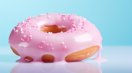 A pink donut with sprinkles on a blue background, AI - obrazy, fototapety, plakaty