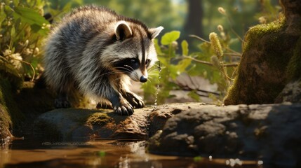 Fototapeta premium a raccoon standing on a rock next to a body of water with plants and rocks in the background. generative ai
