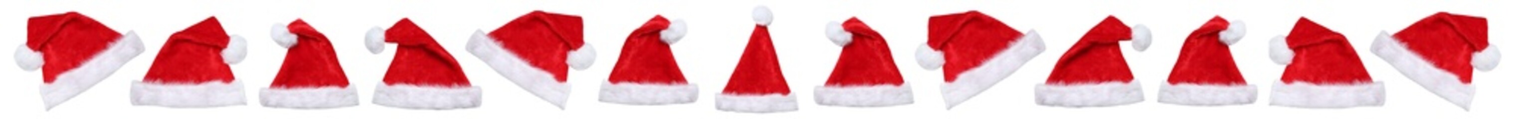 Christmas Santa Claus hats hat in a row winter banner isolated on a white background