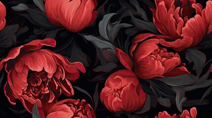  a close up of a bunch of flowers on a black background with red and grey flowers in the middle of the picture.  generative ai