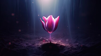  a pink flower sitting on top of a pile of dirt in front of a light that is shining on the ground.  generative ai