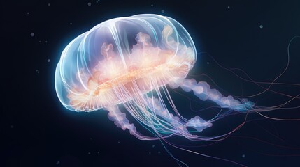  a close up of a jellyfish on a black background with a blurry image of it's head.  generative ai