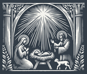Woodcut Illustration of the Birth of Baby Jesus in Monochrome