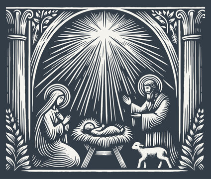 Woodcut Illustration of the Birth of Baby Jesus in Monochrome