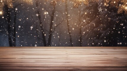 a beautiful snow background and an empty wooden floor. Showcase snowflakes falling and sparkling in the light, creating a serene atmosphere, ample empty space for text or congratulations.