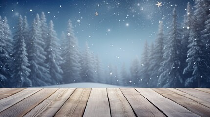 a beautiful snow background and an empty wooden floor. Showcase snowflakes falling and sparkling in the light, creating a serene atmosphere, ample empty space for text or congratulations.