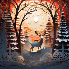 Paper Cut Christmas card, Reindeer in the winter forest Christmas background, paper cut effect