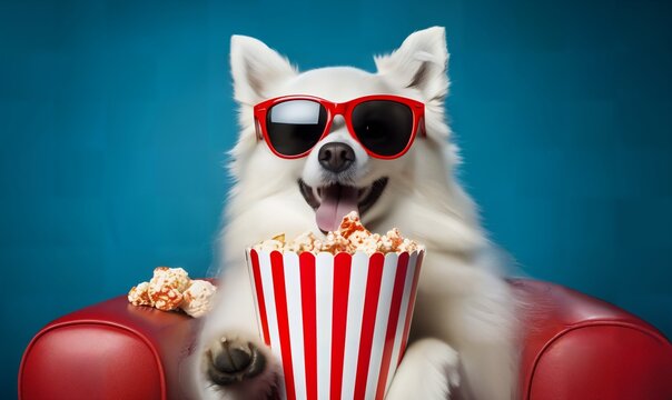funny dog watching 3D movie in 3d glasses with popcorn on flat  background at home 