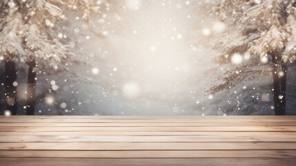 a beautiful snow background and an empty wooden floor. Showcase snowflakes falling and sparkling in the light, creating a serene atmosphere, ample empty space for text or congratulations.