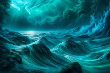 Fototapeta na wymiar Luminous azure waves meeting emerald currents in an ethereal realm
