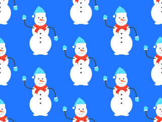 Seamless pattern with snowmen in a hat, scarf and mittens. Winter Christmas background with three-ball snowman. Xmas design for wrapping paper, banners and promotional items. Vector illustration