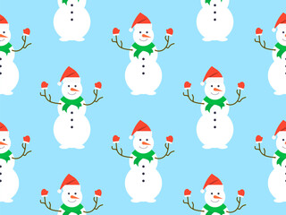 Seamless pattern with snowmen in a hat, scarf and mittens. Winter Christmas background with three-ball snowman. Xmas design for wrapping paper, banners and promotional items. Vector illustration