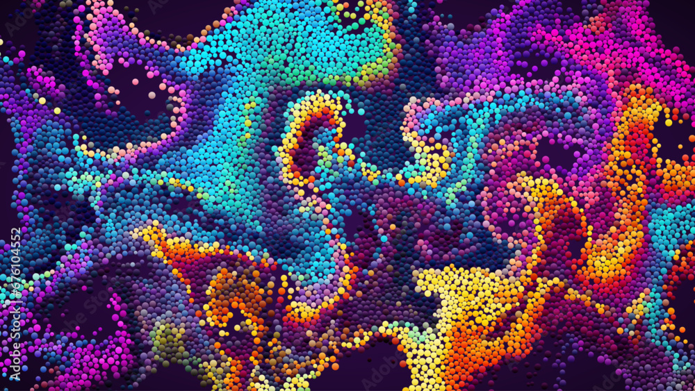 Wall mural colorful rainbow gradient dots randomly flowing and swirling in liquid stream. chaotic motion of sma