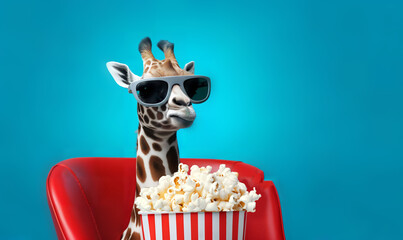 funny giraffe watching 3D movie in 3d glasses with popcorn on flat background at home 