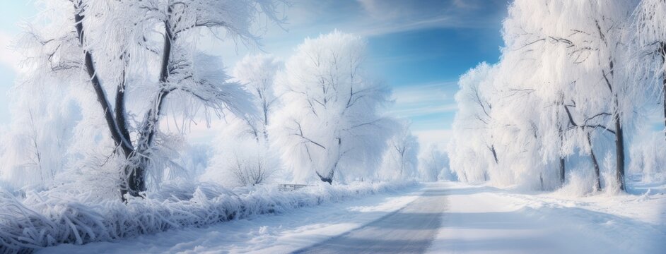 a winter landscape with meandering roads surrounded by snow-covered trees, the peaceful and enchanting atmosphere of a snowy wonderland.