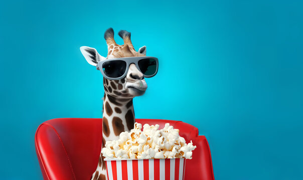 funny giraffe watching 3D movie in 3d glasses with popcorn on flat  background at home 