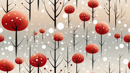  a winter scene with red and white trees and snow falling off the tops of the trees and snowflakes on the ground.  generative ai