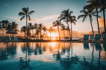 Fototapeta na wymiar Breathtaking tropical oasis infinity pool, palm trees, and sunset at stunning beach resort