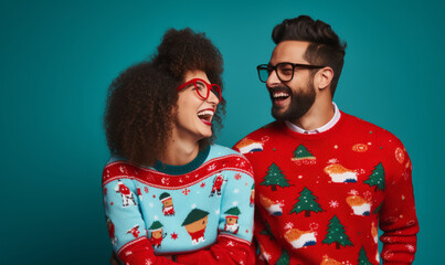 Studio portrait of a young trendy couple wearing festive christmas ugly jumpers - obrazy, fototapety, plakaty