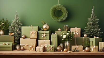 an eco-friendly Christmas scene with reusable kraft paper gift boxes adorned with natural decorations, against a vibrant green background, creating a festive and sustainable holiday arrangement.