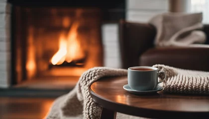 Draagtas Living room with a fireplace featuring a mug of hot tea on a chair with a woolen blanket on a cozy winter day © ibreakstock