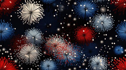 Naklejka premium a bunch of red, white, and blue fireworks on a black background with a pattern of stars and dots. generative ai